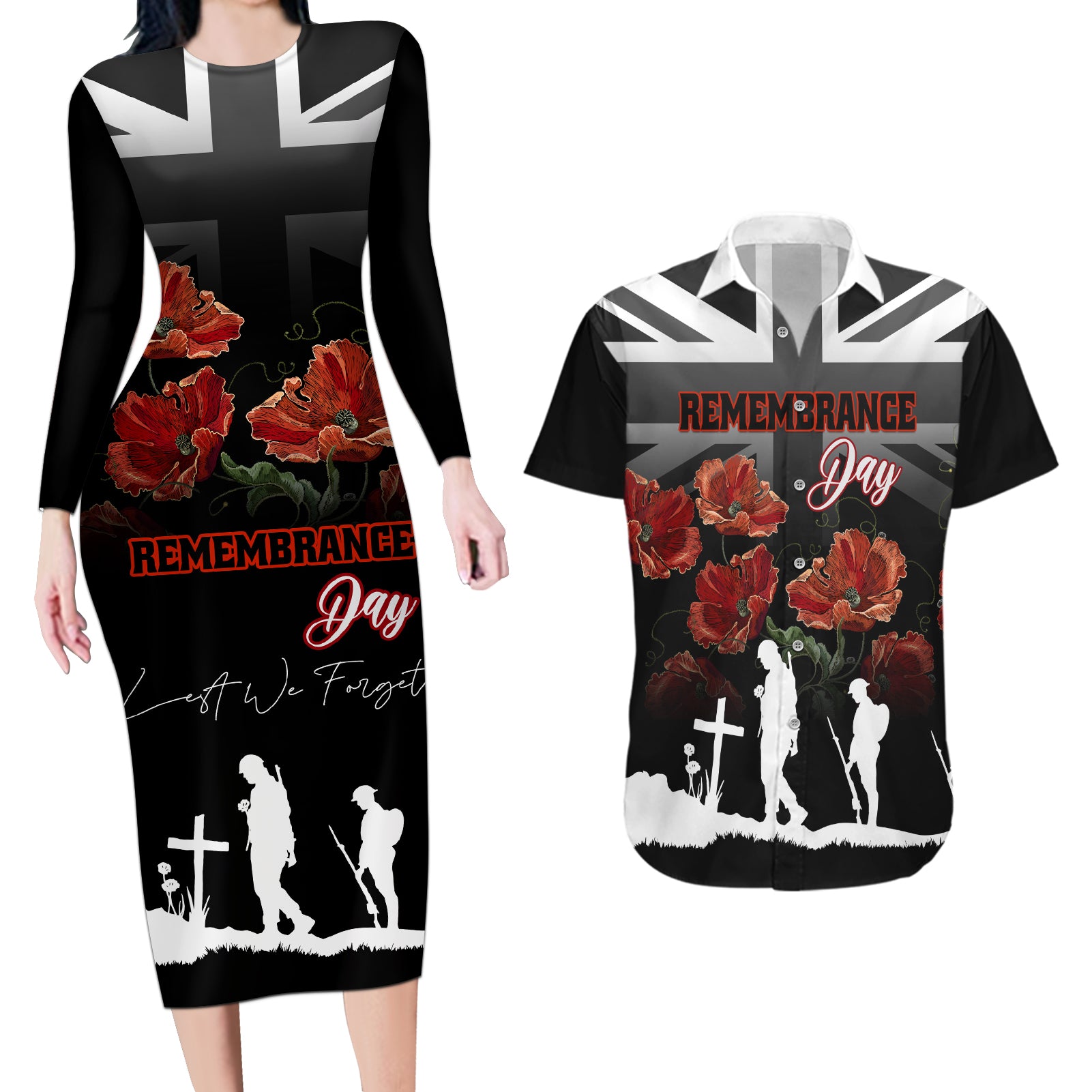 Remembrance Day Couples Matching Long Sleeve Bodycon Dress and Hawaiian Shirt Lest We Forget Poppy Flower - Wonder Print Shop