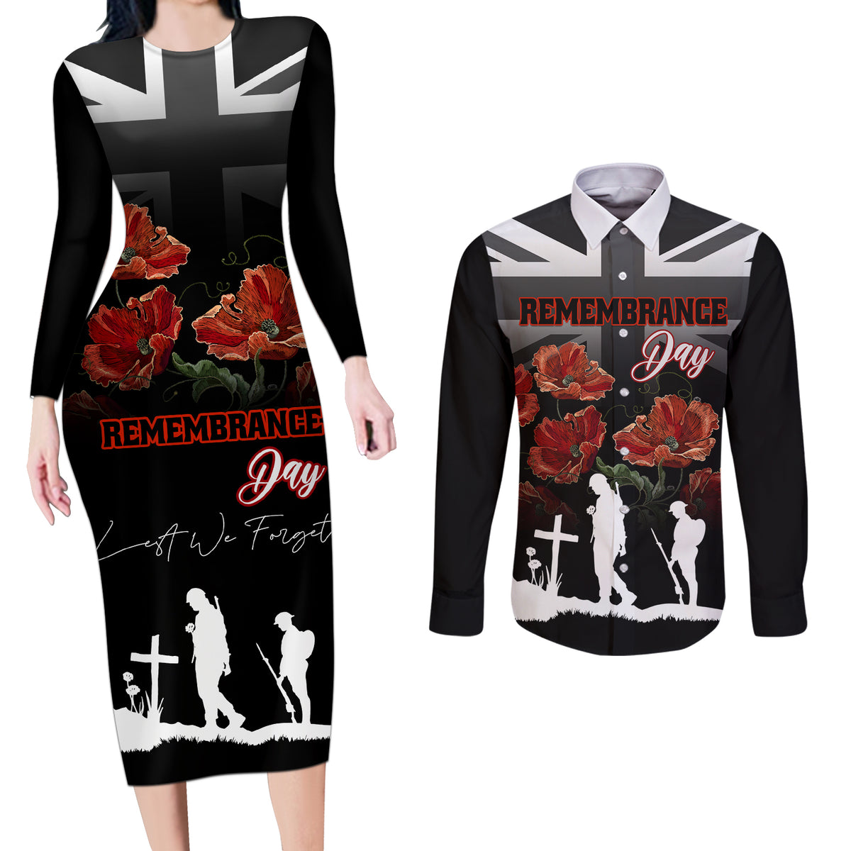 Remembrance Day Couples Matching Long Sleeve Bodycon Dress and Long Sleeve Button Shirts Lest We Forget Poppy Flower - Wonder Print Shop