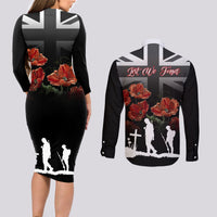 Remembrance Day Couples Matching Long Sleeve Bodycon Dress and Long Sleeve Button Shirts Lest We Forget Poppy Flower - Wonder Print Shop