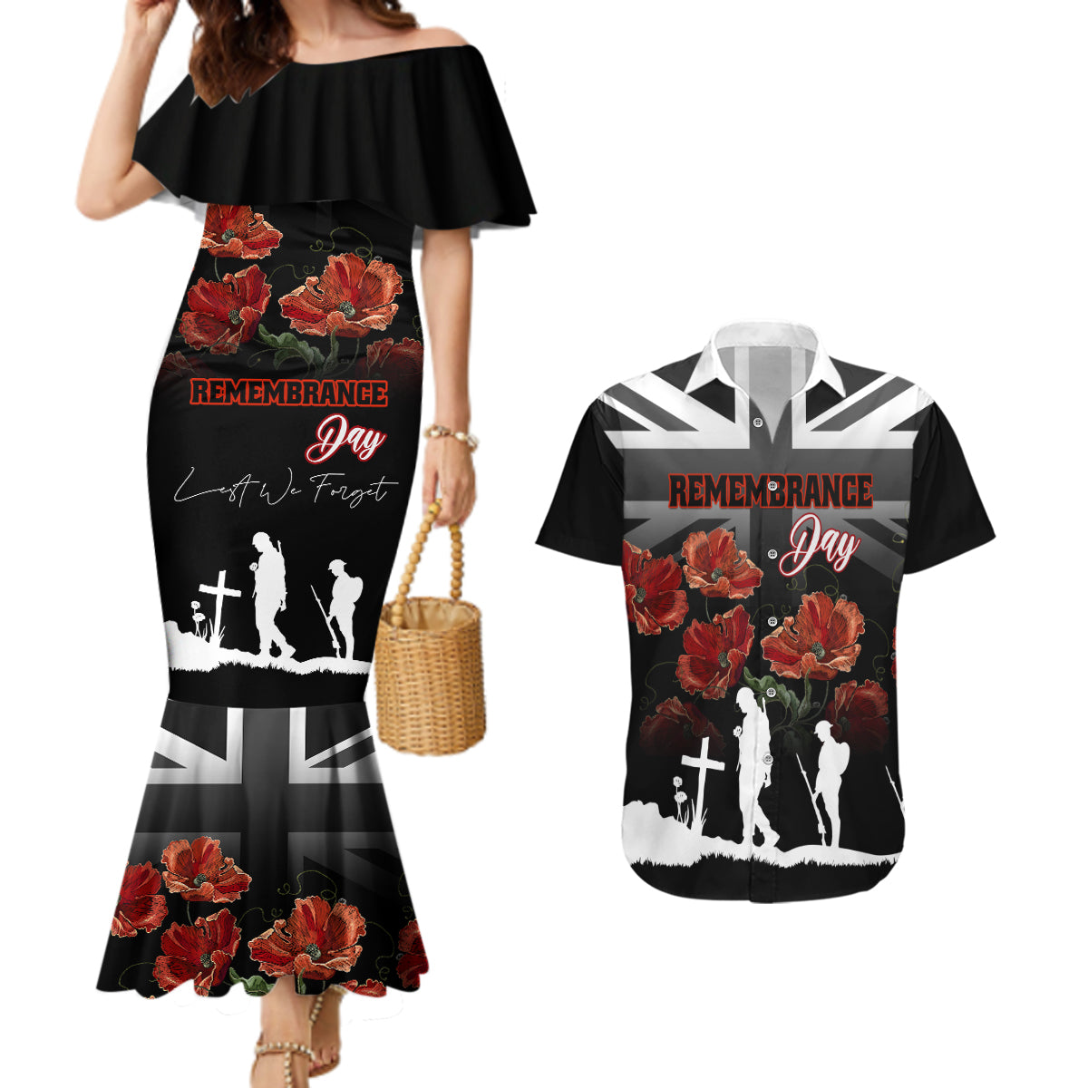 Remembrance Day Couples Matching Mermaid Dress and Hawaiian Shirt Lest We Forget Poppy Flower - Wonder Print Shop