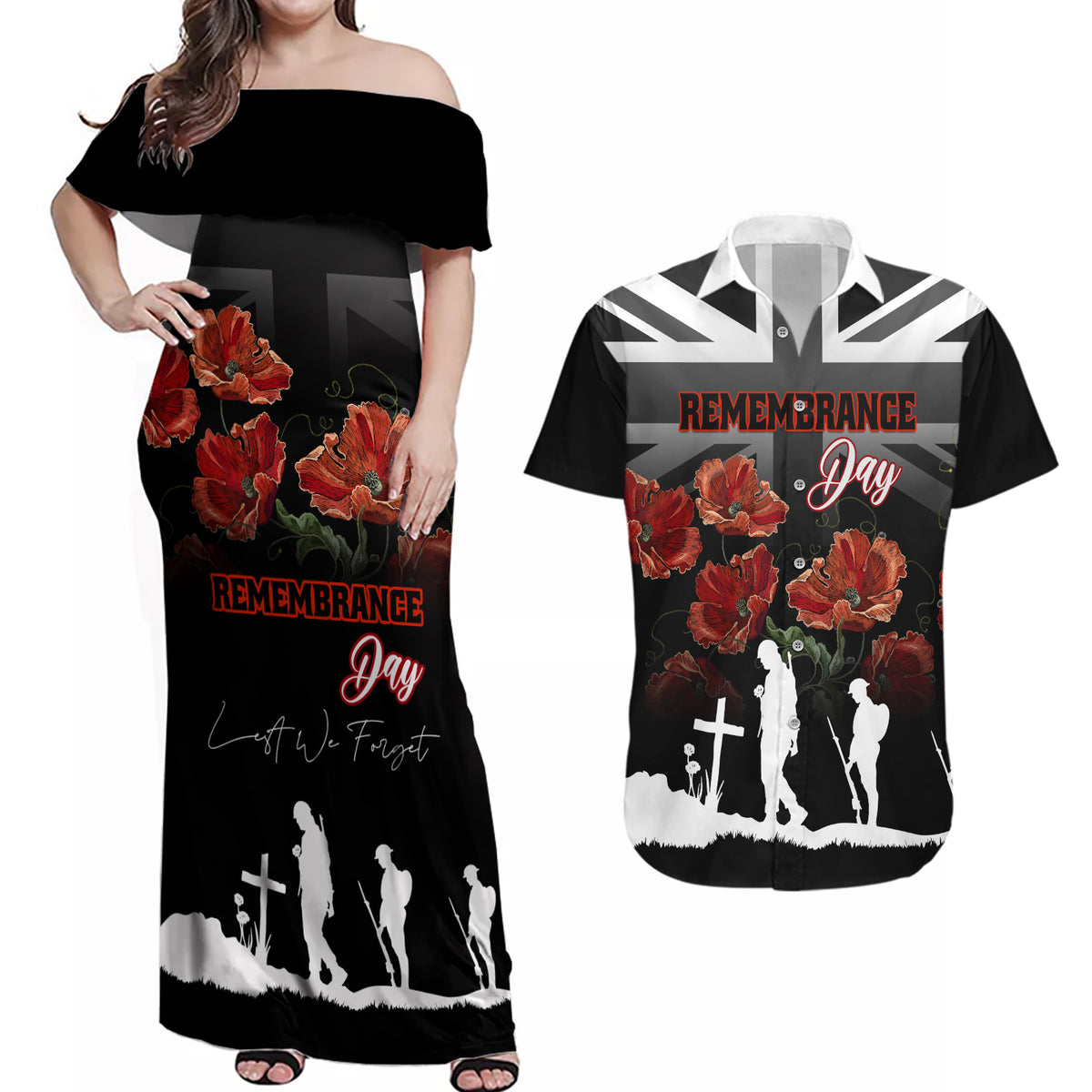 Remembrance Day Couples Matching Off Shoulder Maxi Dress and Hawaiian Shirt Lest We Forget Poppy Flower - Wonder Print Shop