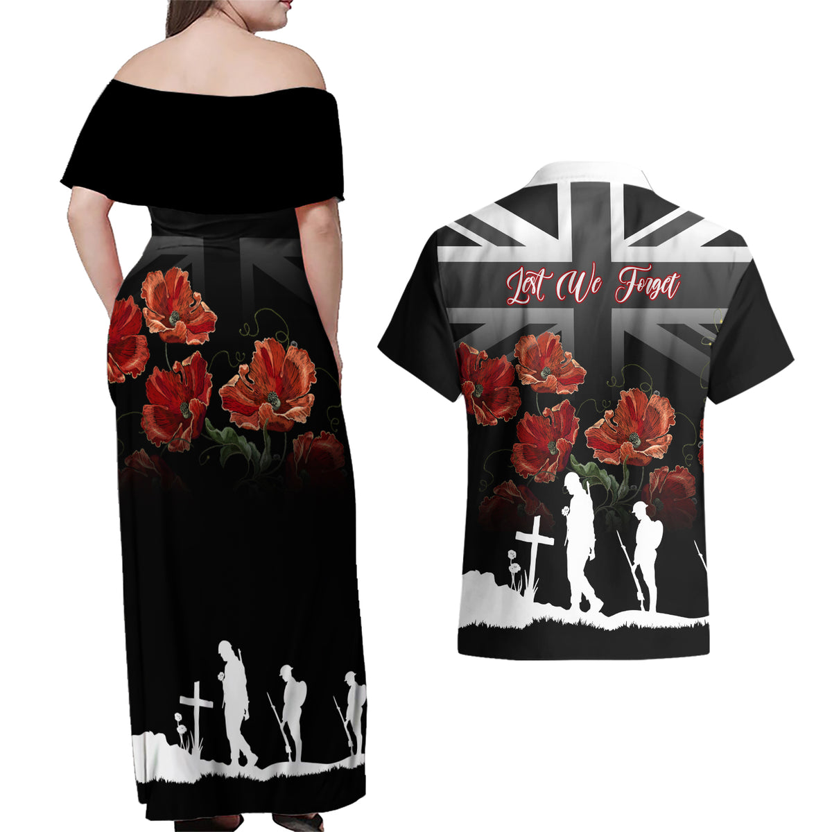 Remembrance Day Couples Matching Off Shoulder Maxi Dress and Hawaiian Shirt Lest We Forget Poppy Flower - Wonder Print Shop