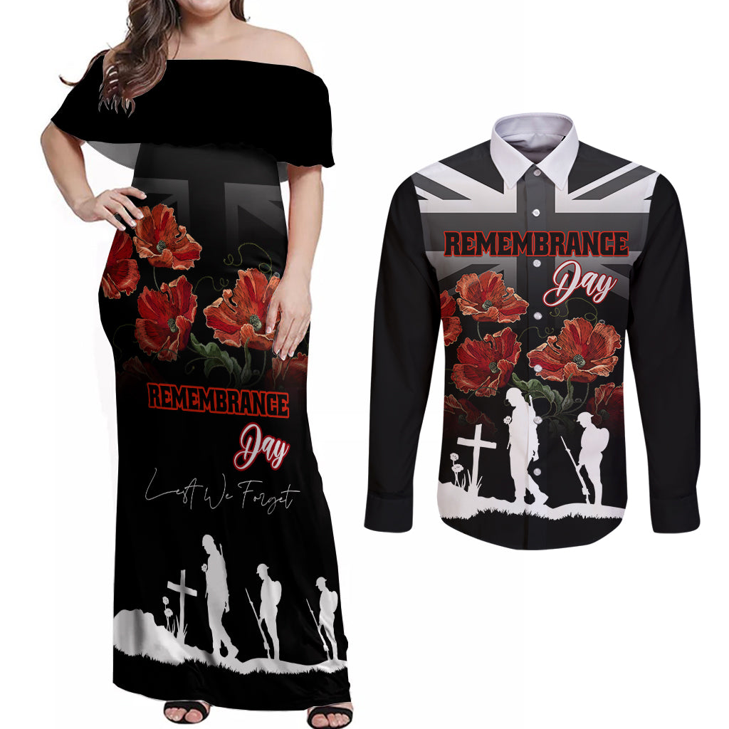 Remembrance Day Couples Matching Off Shoulder Maxi Dress and Long Sleeve Button Shirts Lest We Forget Poppy Flower - Wonder Print Shop