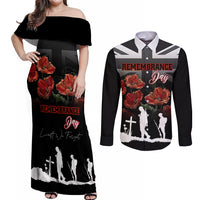 Remembrance Day Couples Matching Off Shoulder Maxi Dress and Long Sleeve Button Shirts Lest We Forget Poppy Flower - Wonder Print Shop
