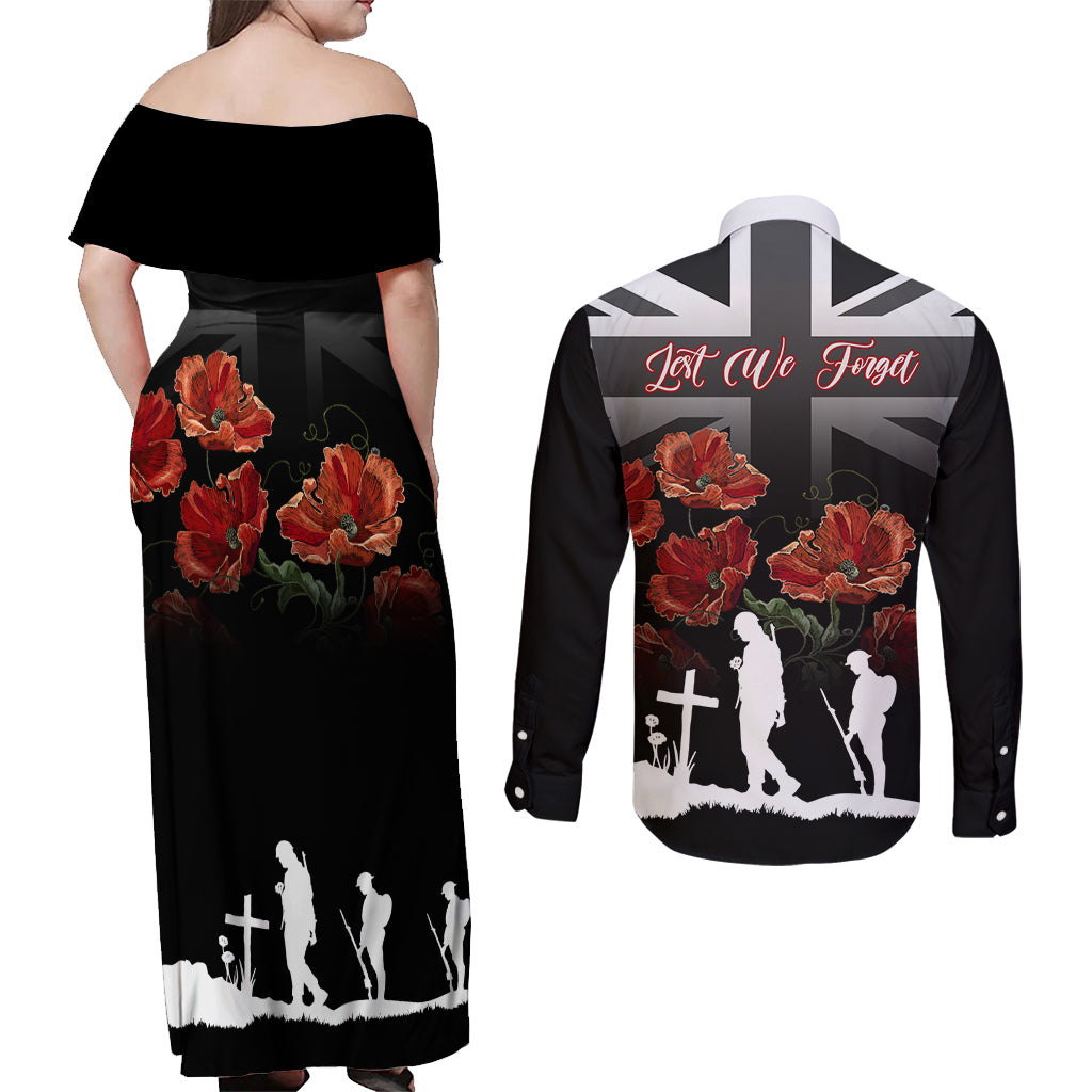Remembrance Day Couples Matching Off Shoulder Maxi Dress and Long Sleeve Button Shirts Lest We Forget Poppy Flower - Wonder Print Shop