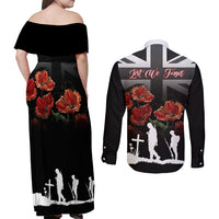 Remembrance Day Couples Matching Off Shoulder Maxi Dress and Long Sleeve Button Shirts Lest We Forget Poppy Flower - Wonder Print Shop