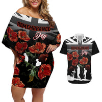 Remembrance Day Couples Matching Off Shoulder Short Dress and Hawaiian Shirt Lest We Forget Poppy Flower - Wonder Print Shop