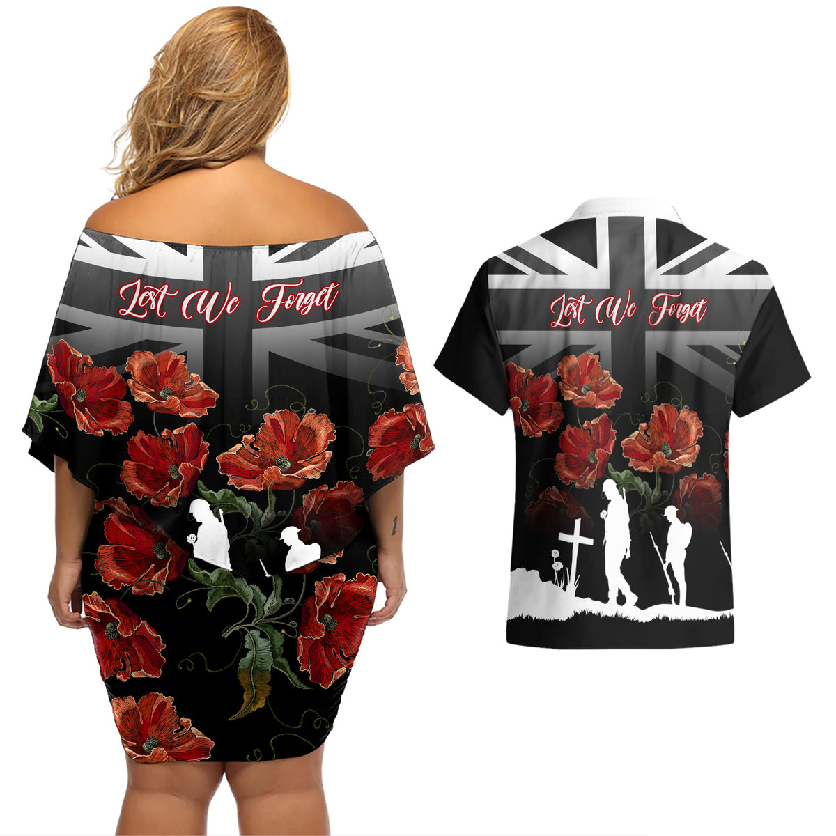 Remembrance Day Couples Matching Off Shoulder Short Dress and Hawaiian Shirt Lest We Forget Poppy Flower - Wonder Print Shop