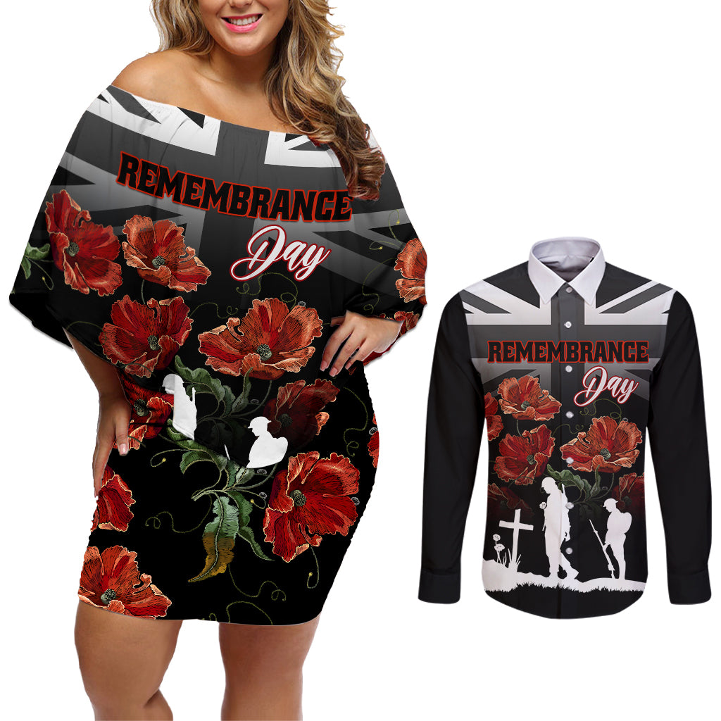 Remembrance Day Couples Matching Off Shoulder Short Dress and Long Sleeve Button Shirts Lest We Forget Poppy Flower - Wonder Print Shop