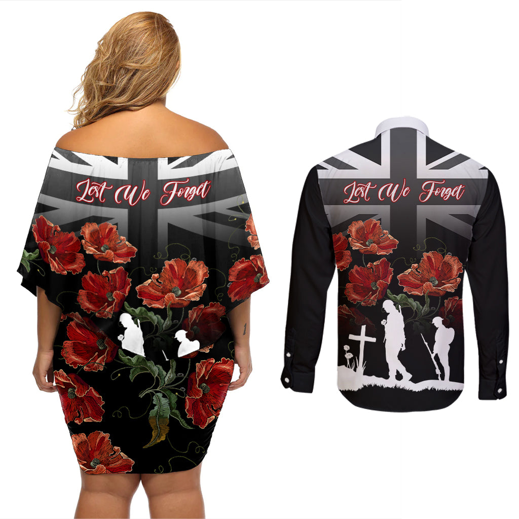 Remembrance Day Couples Matching Off Shoulder Short Dress and Long Sleeve Button Shirts Lest We Forget Poppy Flower - Wonder Print Shop