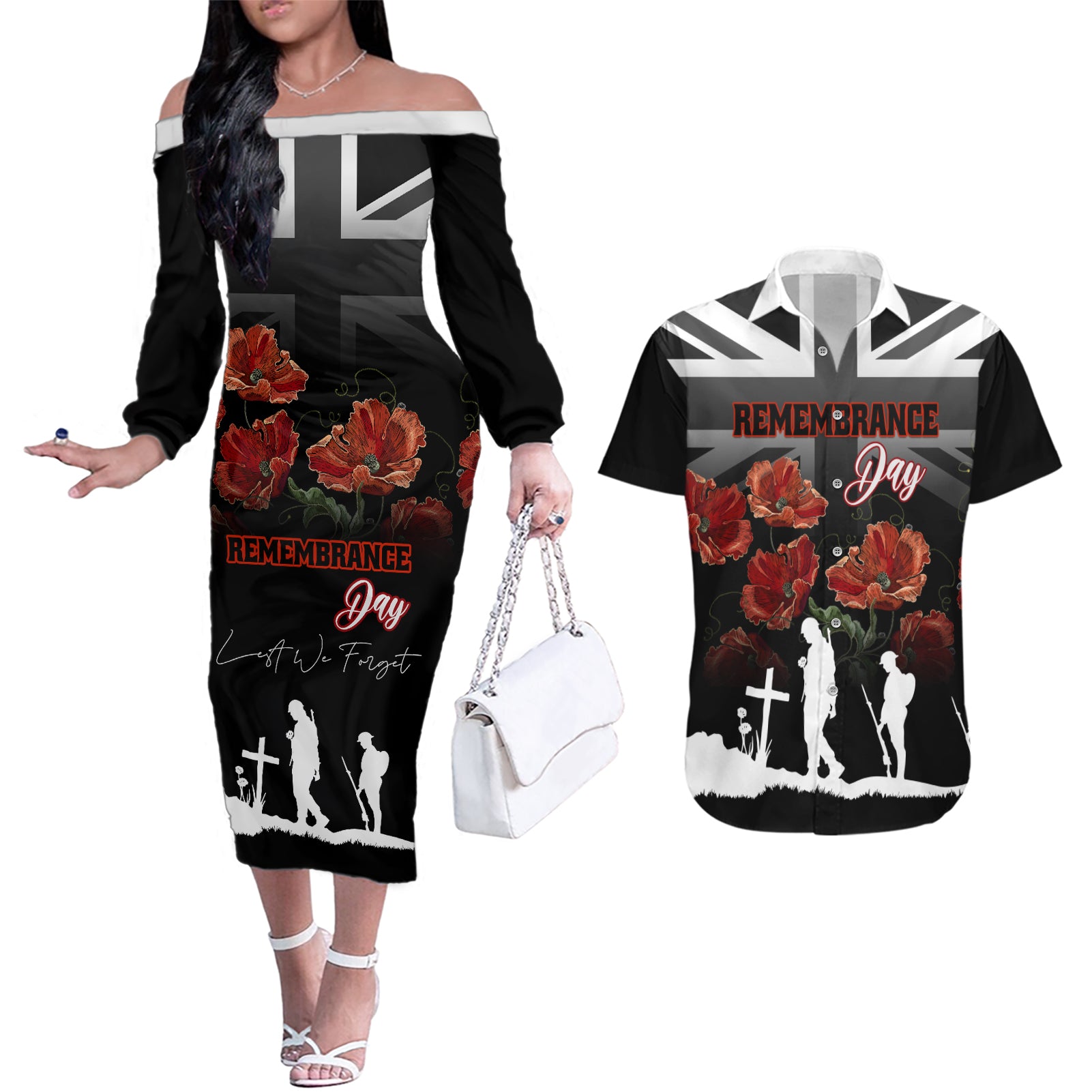 Remembrance Day Couples Matching Off The Shoulder Long Sleeve Dress and Hawaiian Shirt Lest We Forget Poppy Flower - Wonder Print Shop