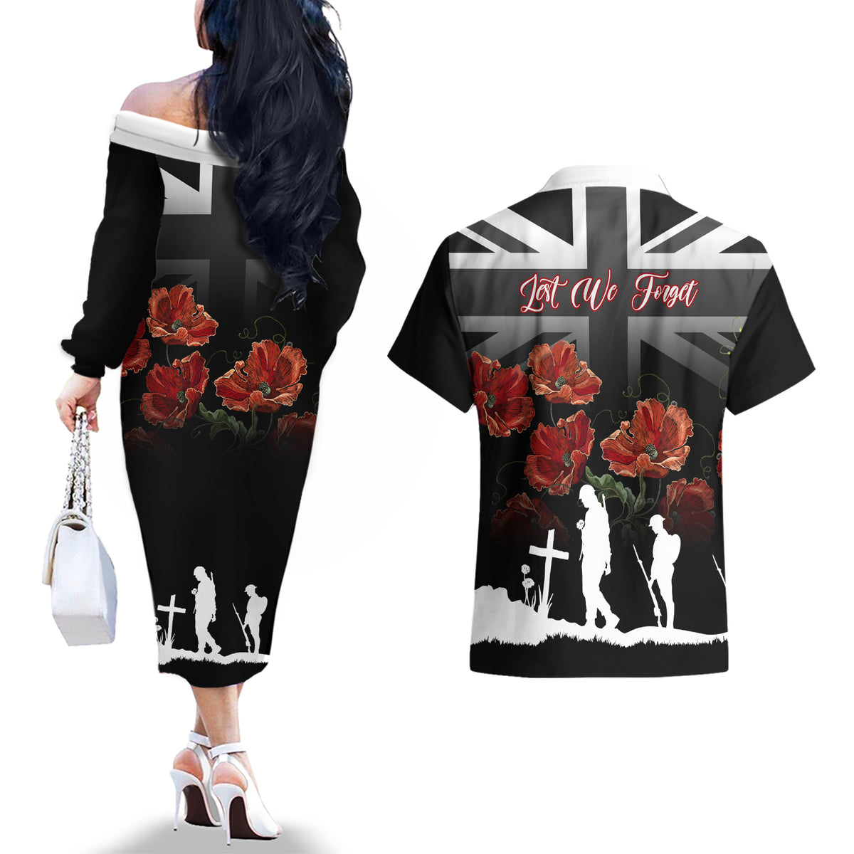 Remembrance Day Couples Matching Off The Shoulder Long Sleeve Dress and Hawaiian Shirt Lest We Forget Poppy Flower - Wonder Print Shop