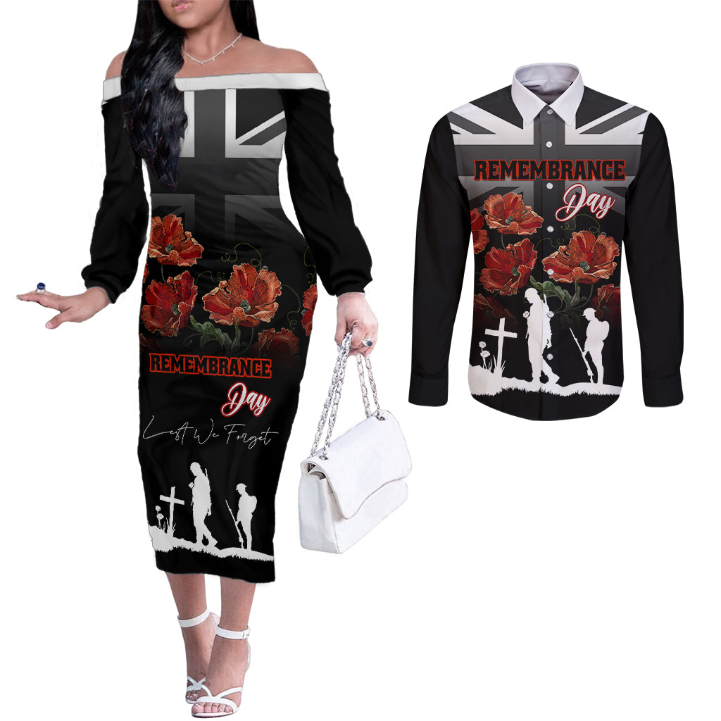 remembrance-day-couples-matching-off-the-shoulder-long-sleeve-dress-and-long-sleeve-button-shirts-lest-we-forget-poppy-flower