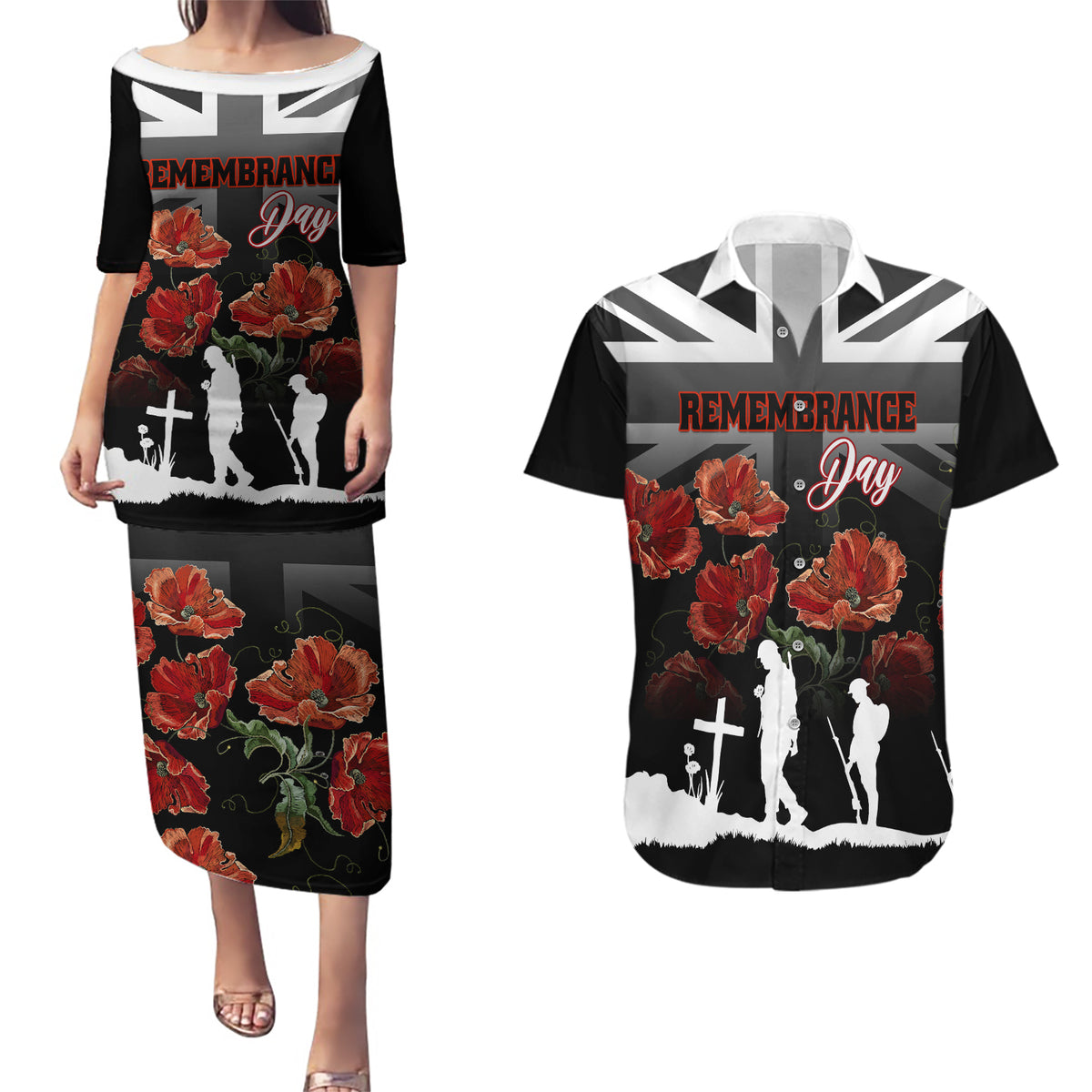 Remembrance Day Couples Matching Puletasi Dress and Hawaiian Shirt Lest We Forget Poppy Flower - Wonder Print Shop