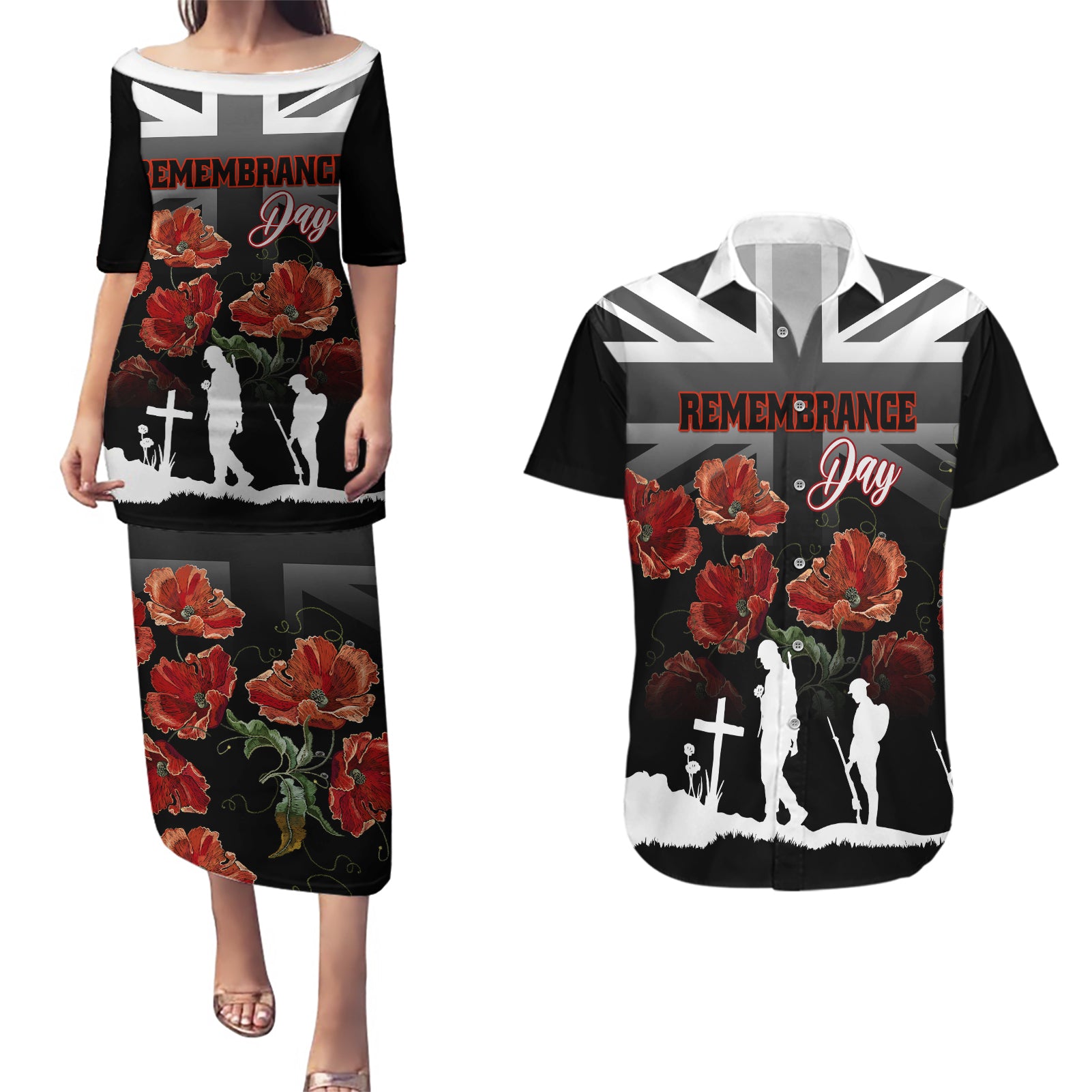 Remembrance Day Couples Matching Puletasi Dress and Hawaiian Shirt Lest We Forget Poppy Flower - Wonder Print Shop