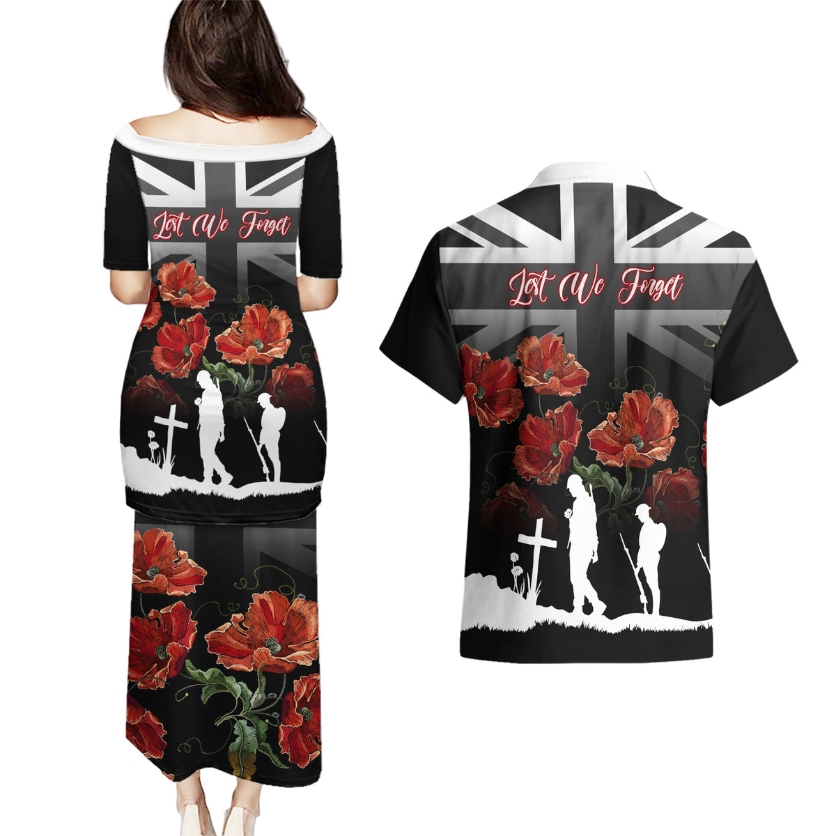 Remembrance Day Couples Matching Puletasi Dress and Hawaiian Shirt Lest We Forget Poppy Flower - Wonder Print Shop