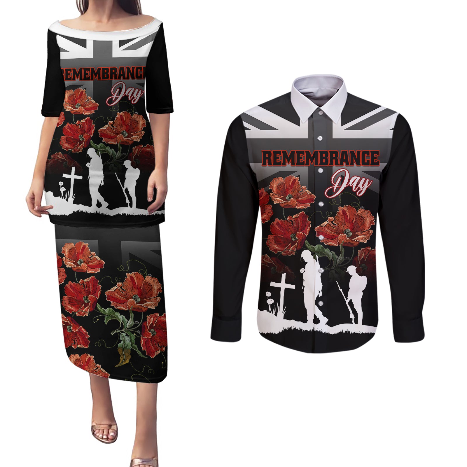 Remembrance Day Couples Matching Puletasi Dress and Long Sleeve Button Shirts Lest We Forget Poppy Flower - Wonder Print Shop