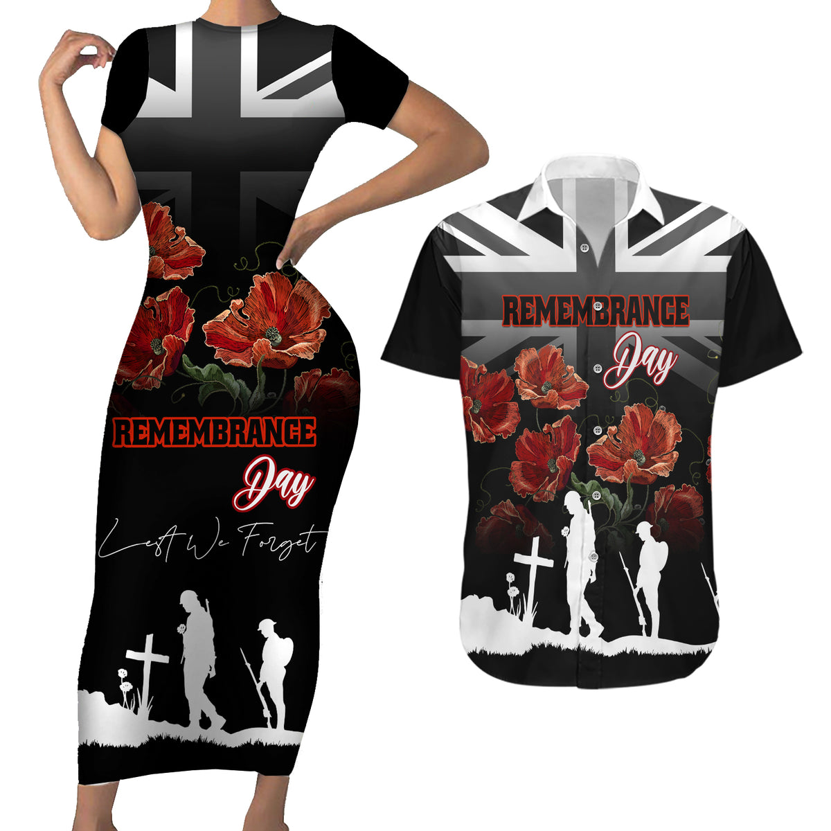 Remembrance Day Couples Matching Short Sleeve Bodycon Dress and Hawaiian Shirt Lest We Forget Poppy Flower - Wonder Print Shop