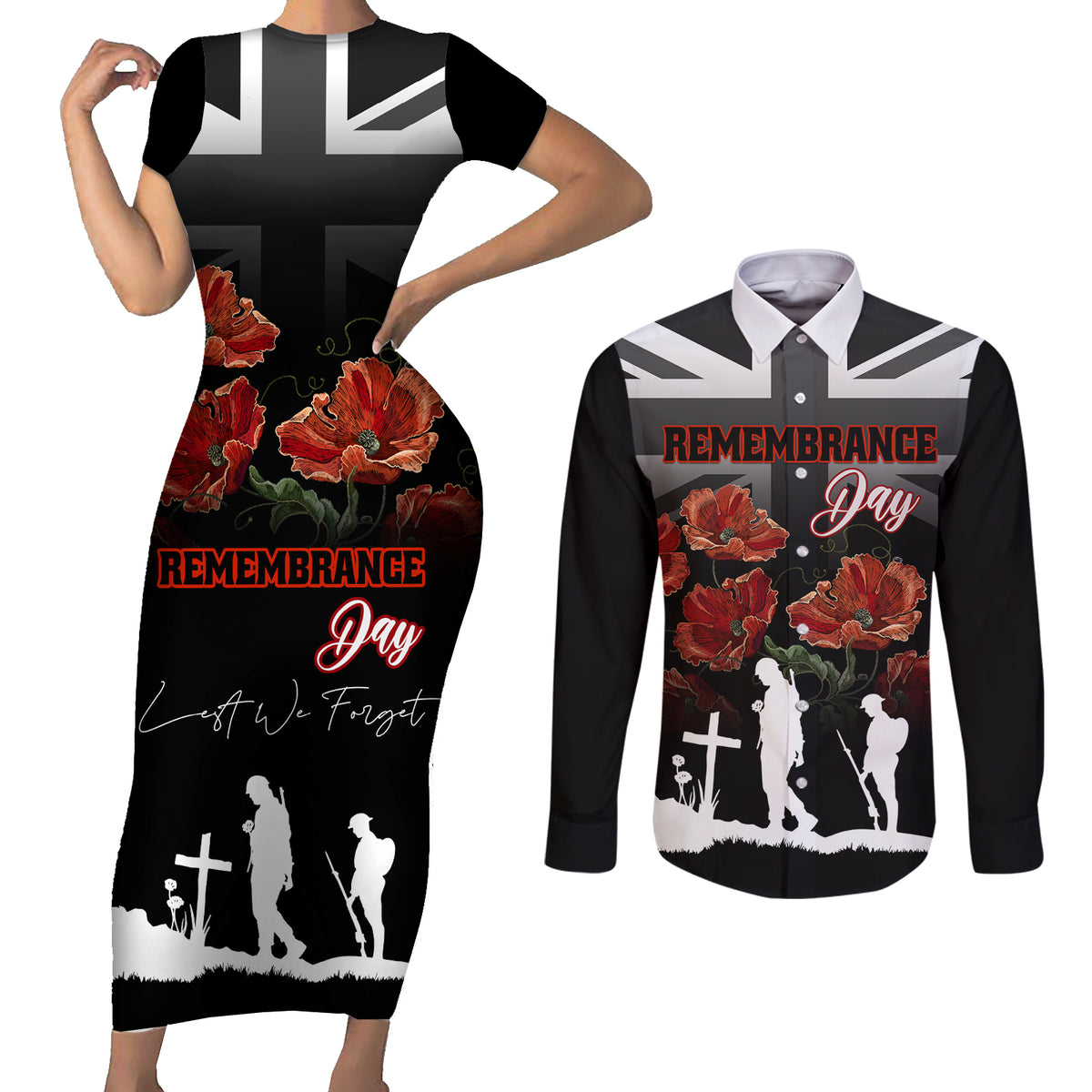 Remembrance Day Couples Matching Short Sleeve Bodycon Dress and Long Sleeve Button Shirts Lest We Forget Poppy Flower - Wonder Print Shop