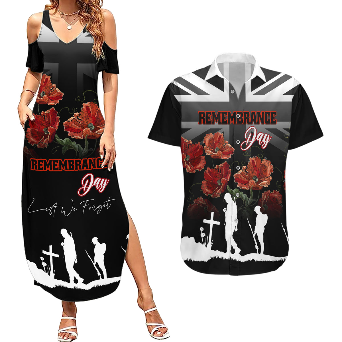 Remembrance Day Couples Matching Summer Maxi Dress and Hawaiian Shirt Lest We Forget Poppy Flower - Wonder Print Shop