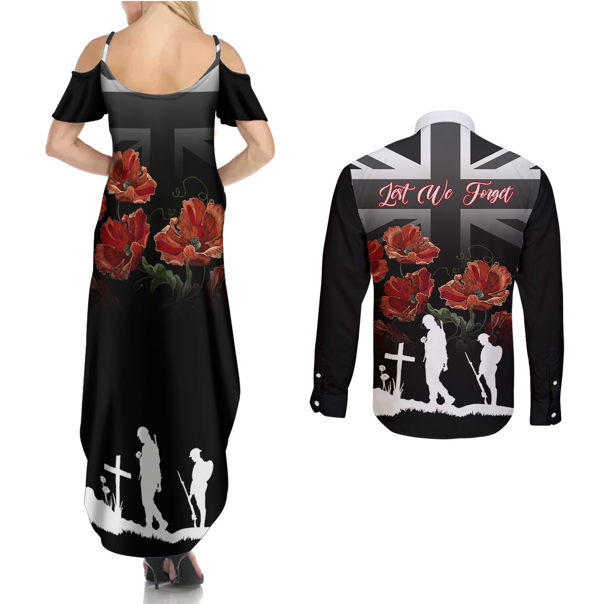 Remembrance Day Couples Matching Summer Maxi Dress and Long Sleeve Button Shirts Lest We Forget Poppy Flower - Wonder Print Shop