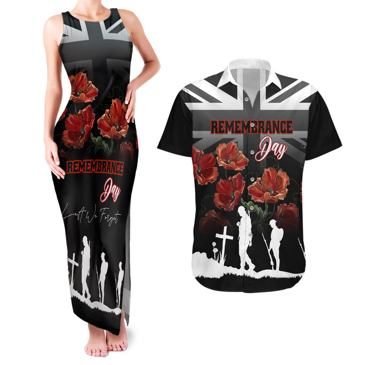 Remembrance Day Couples Matching Tank Maxi Dress and Hawaiian Shirt Lest We Forget Poppy Flower - Wonder Print Shop