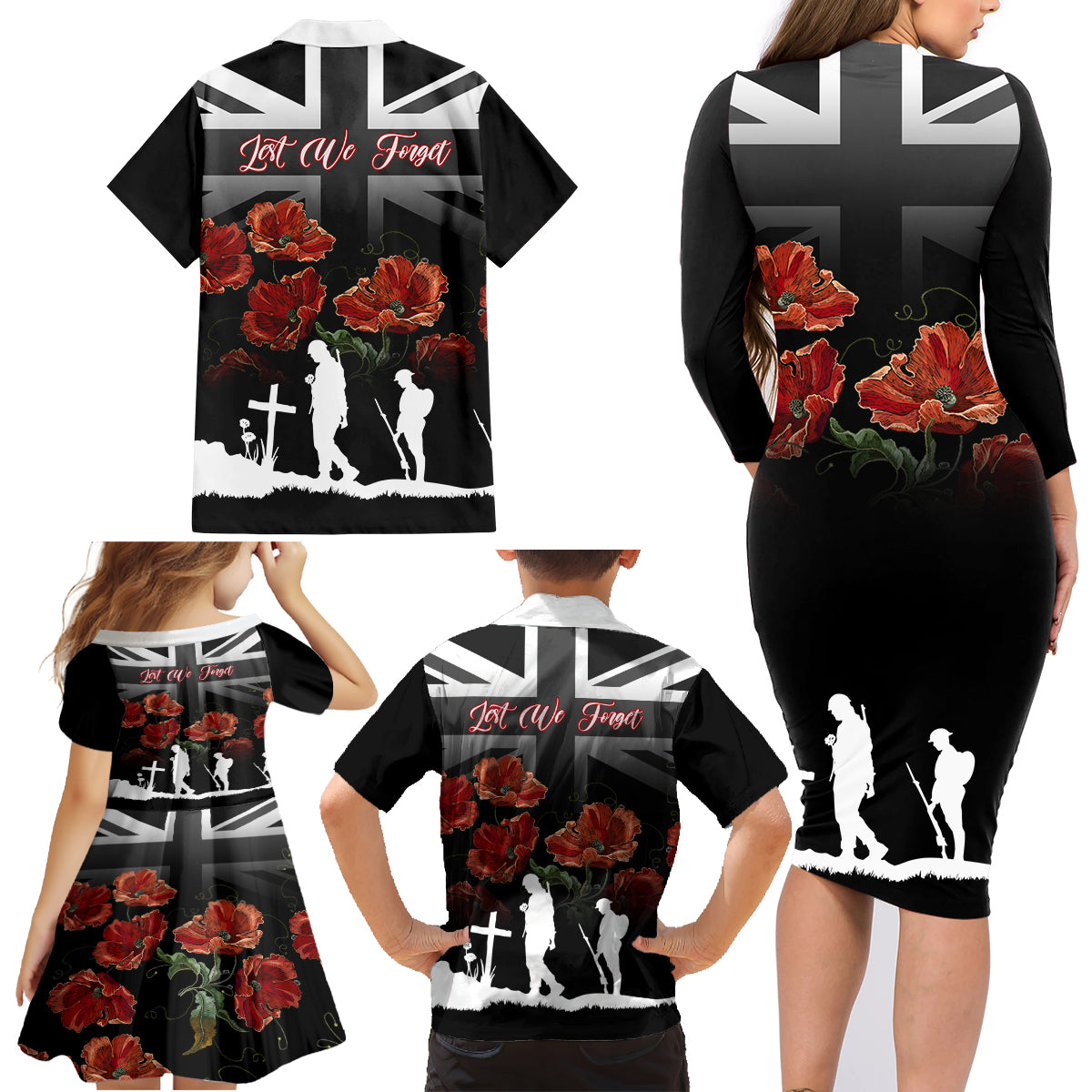 Remembrance Day Family Matching Long Sleeve Bodycon Dress and Hawaiian Shirt Lest We Forget Poppy Flower - Wonder Print Shop