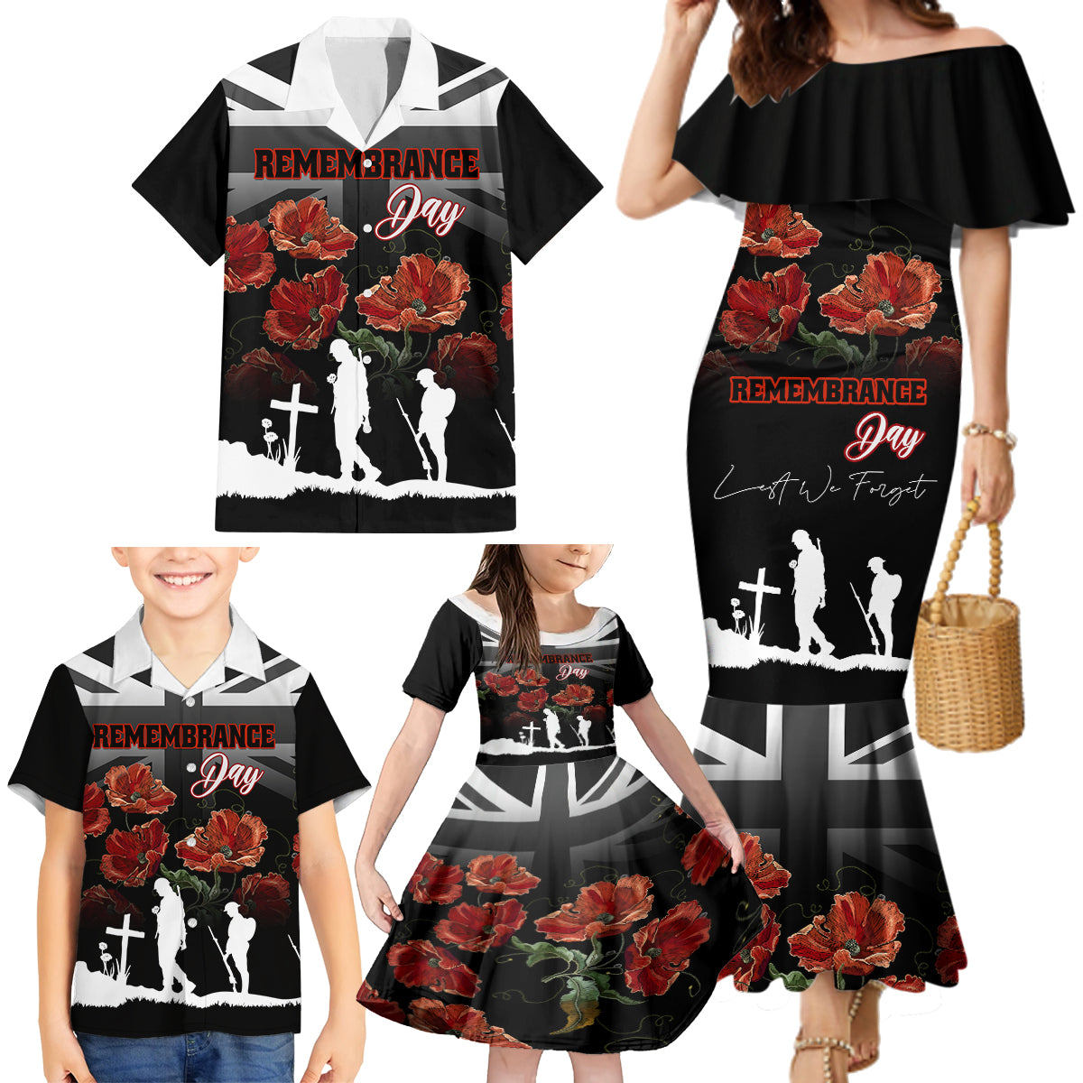 Remembrance Day Family Matching Mermaid Dress and Hawaiian Shirt Lest We Forget Poppy Flower - Wonder Print Shop