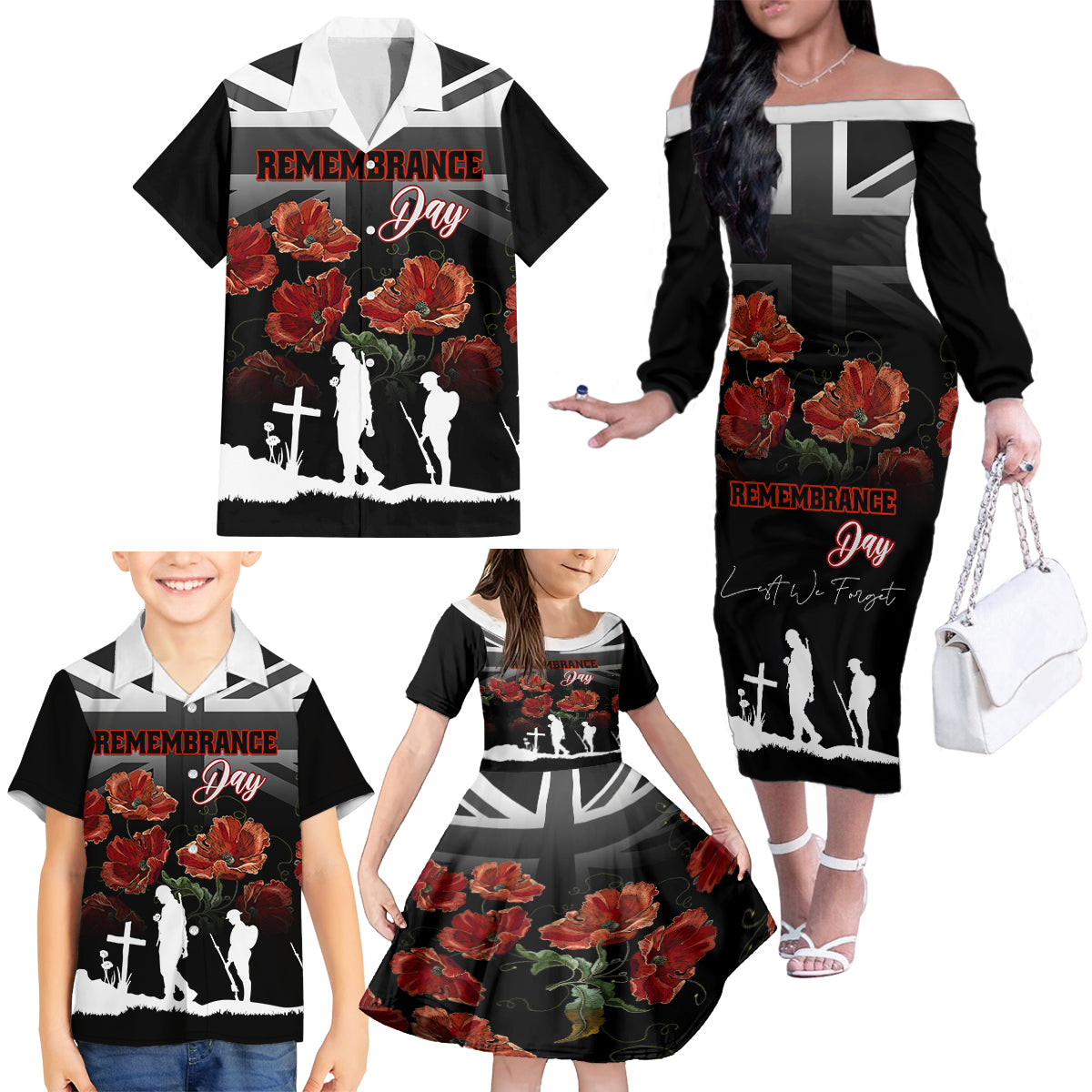 Remembrance Day Family Matching Off Shoulder Long Sleeve Dress and Hawaiian Shirt Lest We Forget Poppy Flower - Wonder Print Shop