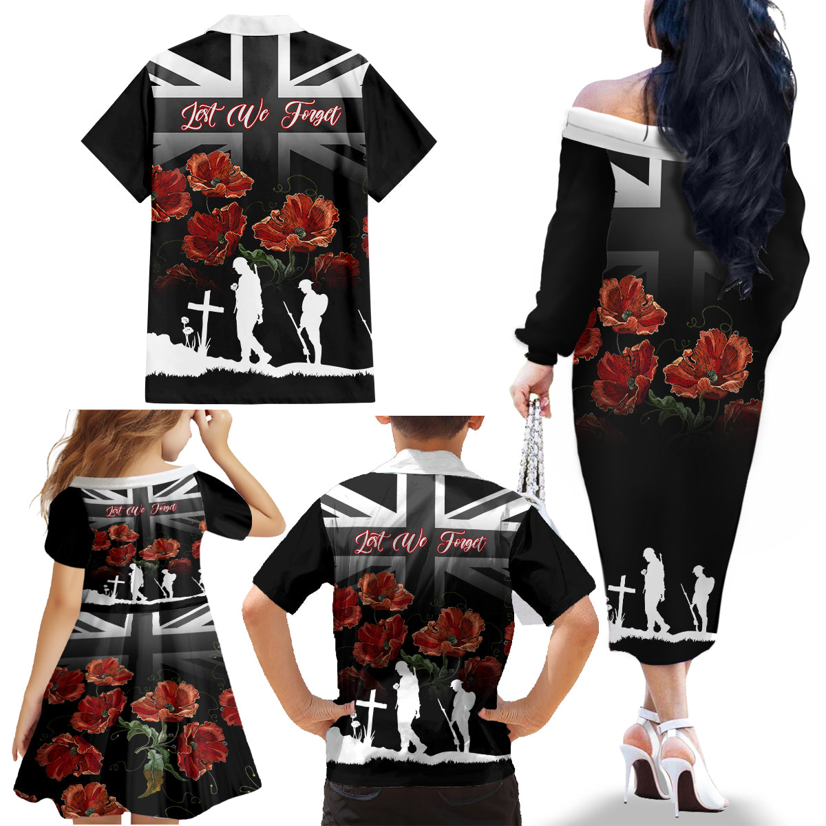 Remembrance Day Family Matching Off Shoulder Long Sleeve Dress and Hawaiian Shirt Lest We Forget Poppy Flower - Wonder Print Shop