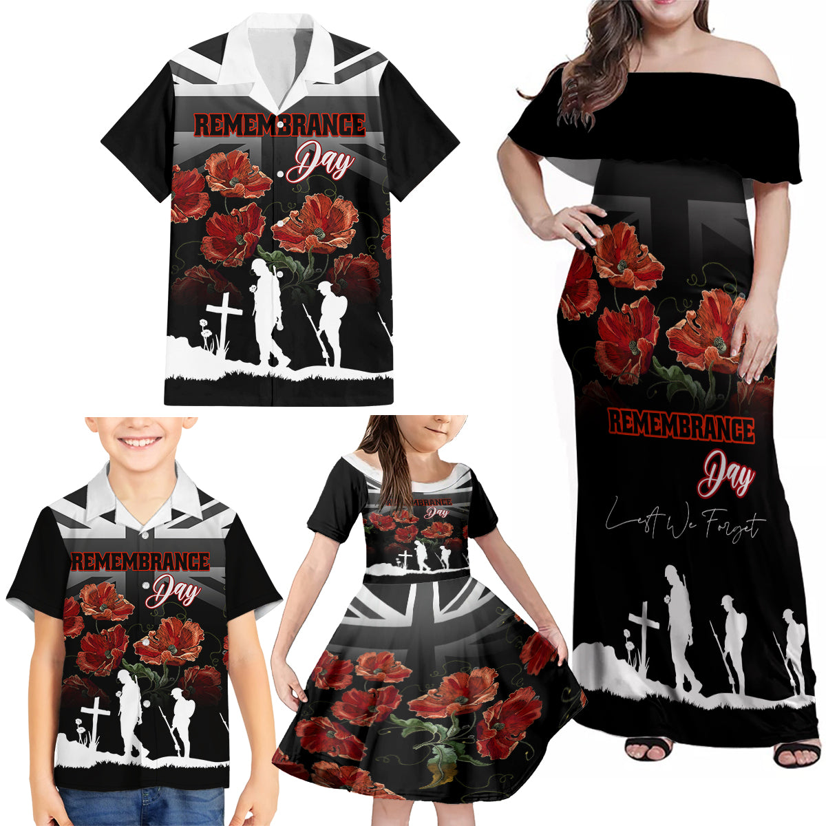 Remembrance Day Family Matching Off Shoulder Maxi Dress and Hawaiian Shirt Lest We Forget Poppy Flower - Wonder Print Shop