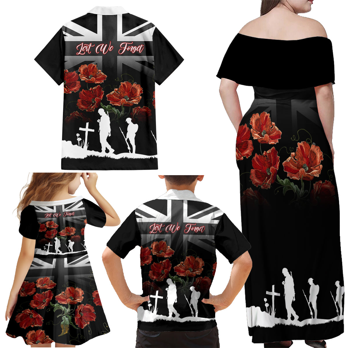 Remembrance Day Family Matching Off Shoulder Maxi Dress and Hawaiian Shirt Lest We Forget Poppy Flower - Wonder Print Shop