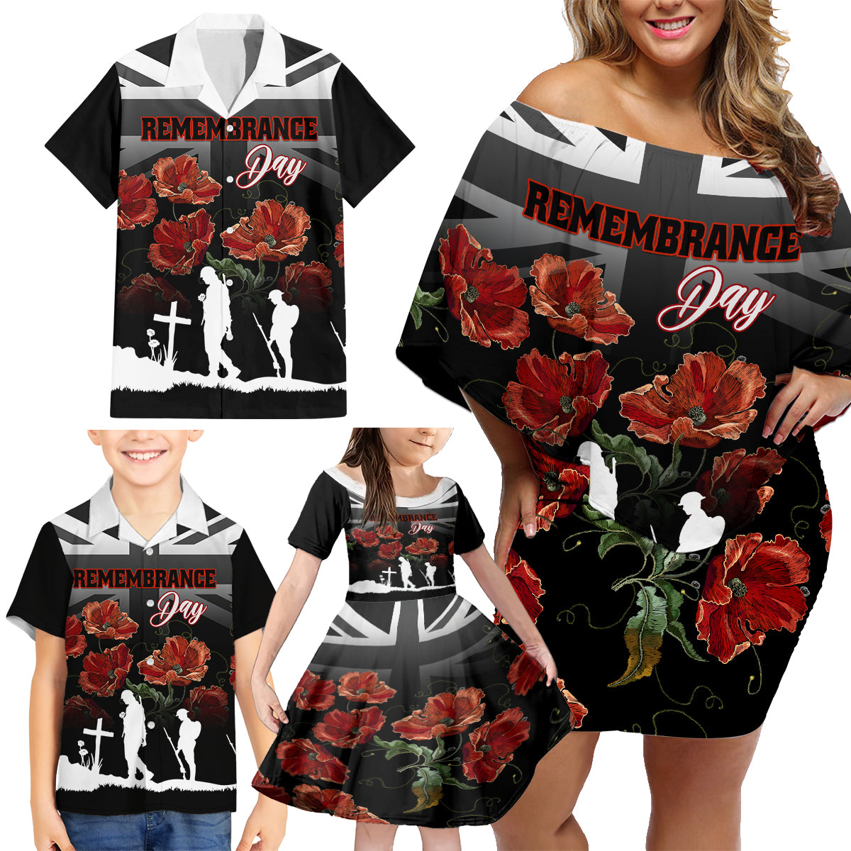 Remembrance Day Family Matching Off Shoulder Short Dress and Hawaiian Shirt Lest We Forget Poppy Flower - Wonder Print Shop
