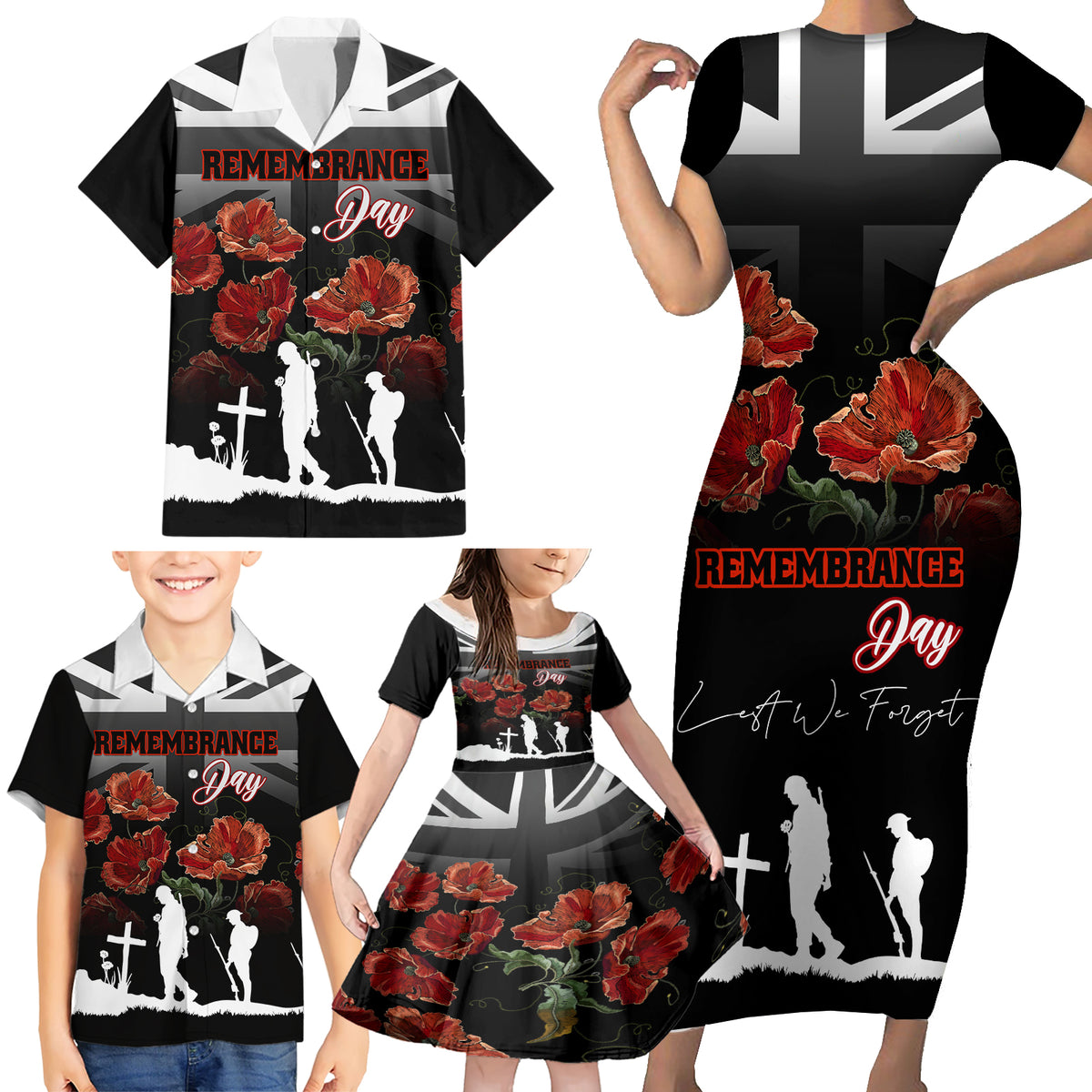 Remembrance Day Family Matching Short Sleeve Bodycon Dress and Hawaiian Shirt Lest We Forget Poppy Flower - Wonder Print Shop