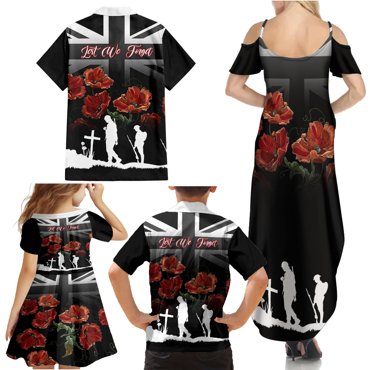Remembrance Day Family Matching Summer Maxi Dress and Hawaiian Shirt Lest We Forget Poppy Flower - Wonder Print Shop