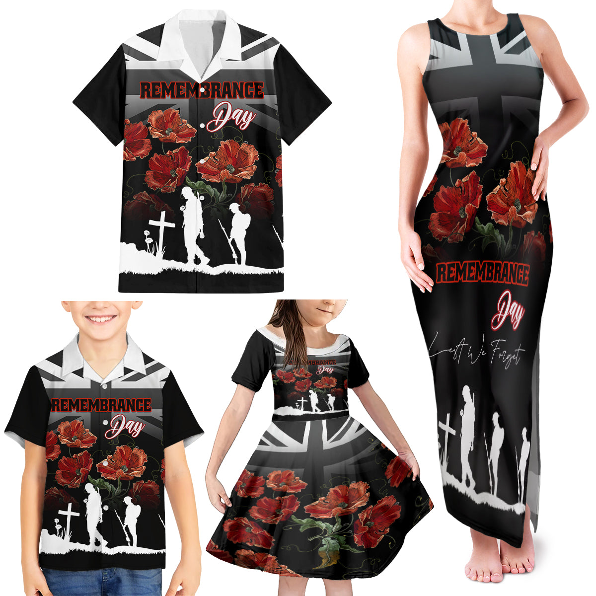 Remembrance Day Family Matching Tank Maxi Dress and Hawaiian Shirt Lest We Forget Poppy Flower - Wonder Print Shop
