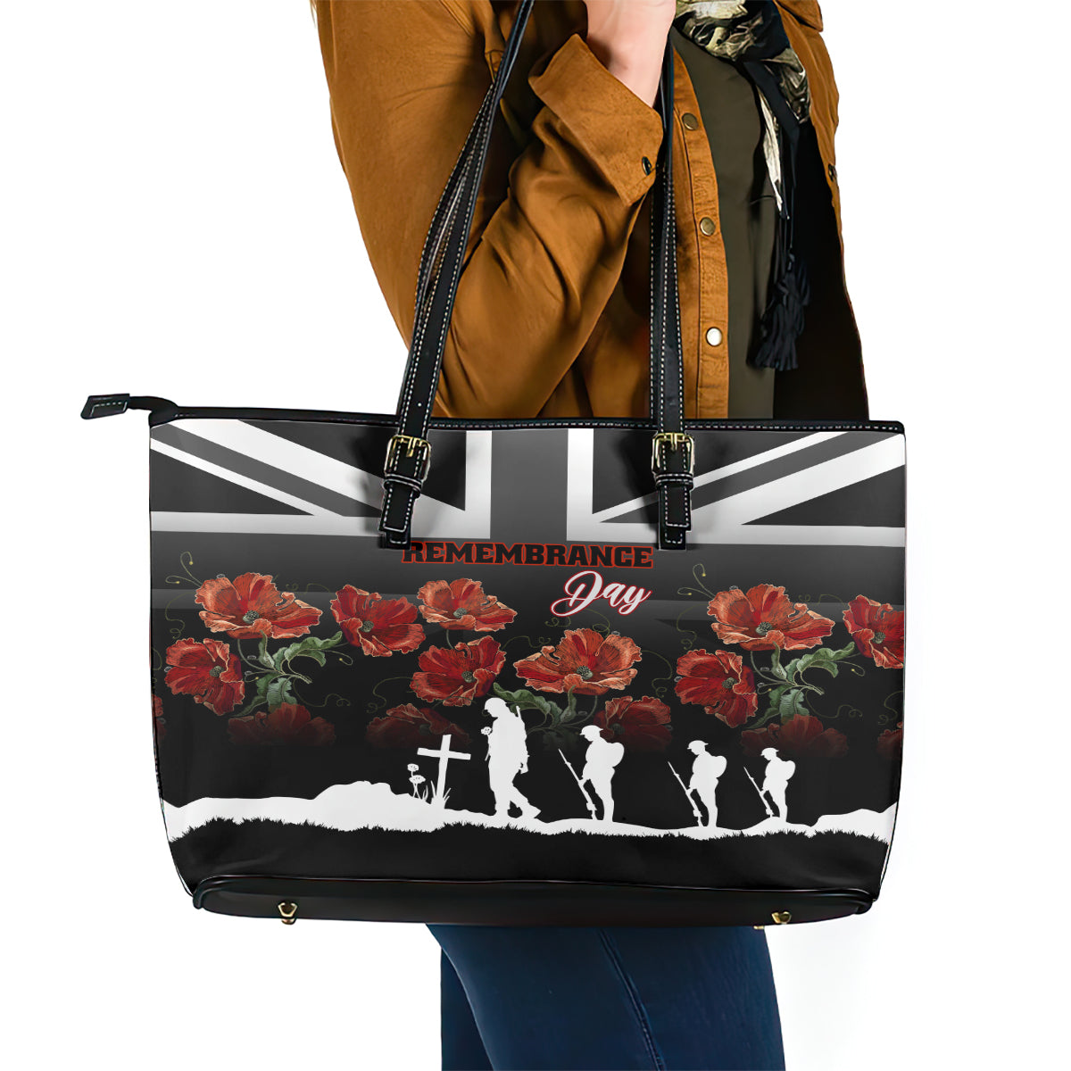Remembrance Day Leather Tote Bag Lest We Forget Poppy Flower - Wonder Print Shop