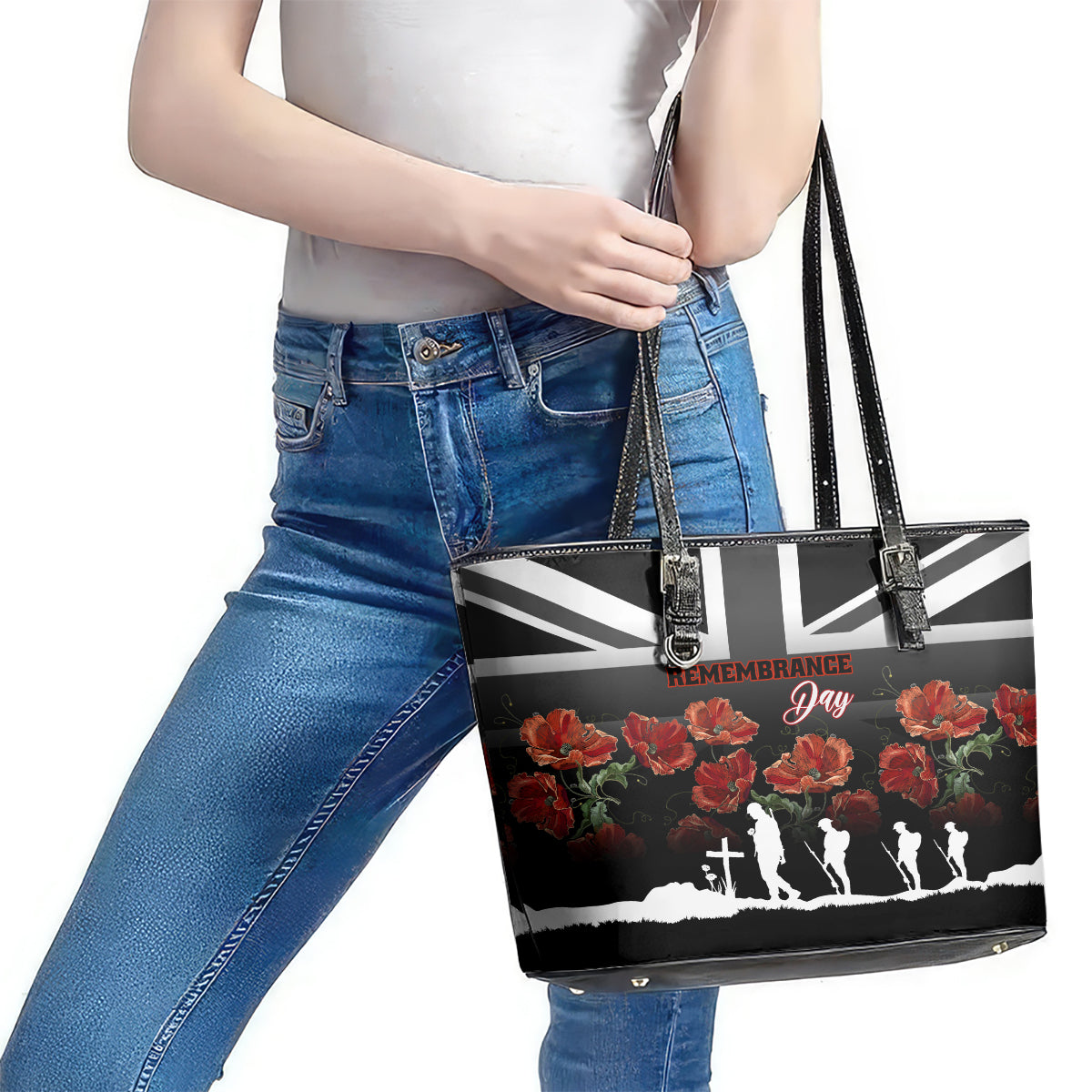Remembrance Day Leather Tote Bag Lest We Forget Poppy Flower - Wonder Print Shop