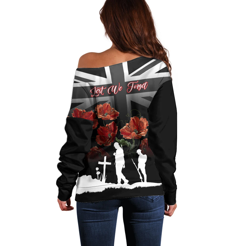 Remembrance Day Off Shoulder Sweater Lest We Forget Poppy Flower - Wonder Print Shop