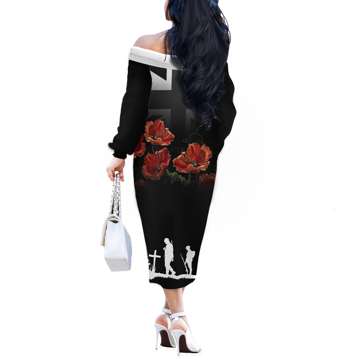 Remembrance Day Off The Shoulder Long Sleeve Dress Lest We Forget Poppy Flower - Wonder Print Shop