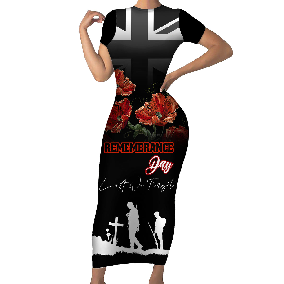 Remembrance Day Short Sleeve Bodycon Dress Lest We Forget Poppy Flower - Wonder Print Shop