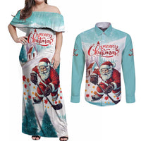 Personalized Canada Santa Playing Hockey Couples Matching Off Shoulder Maxi Dress and Long Sleeve Button Shirt - Wonder Print Shop