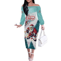 Personalized Canada Santa Playing Hockey Family Matching Off The Shoulder Long Sleeve Dress and Hawaiian Shirt - Wonder Print Shop