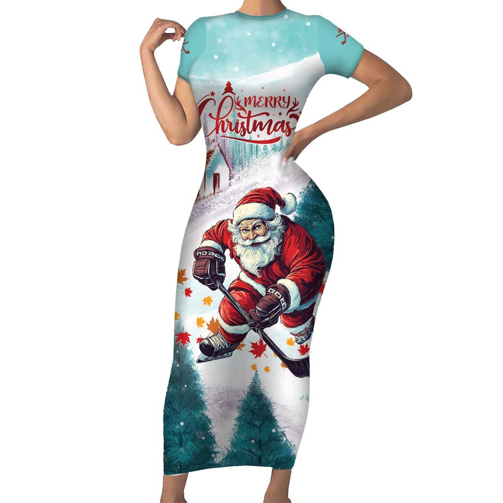 Personalized Canada Santa Playing Hockey Family Matching Short Sleeve Bodycon Dress and Hawaiian Shirt - Wonder Print Shop