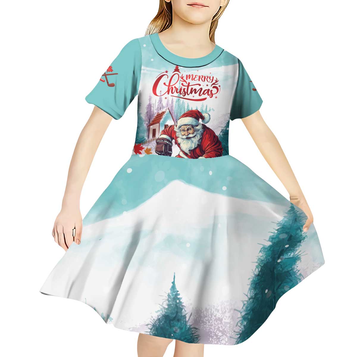 Personalized Canada Santa Playing Hockey Kid Short Sleeve Dress - Wonder Print Shop
