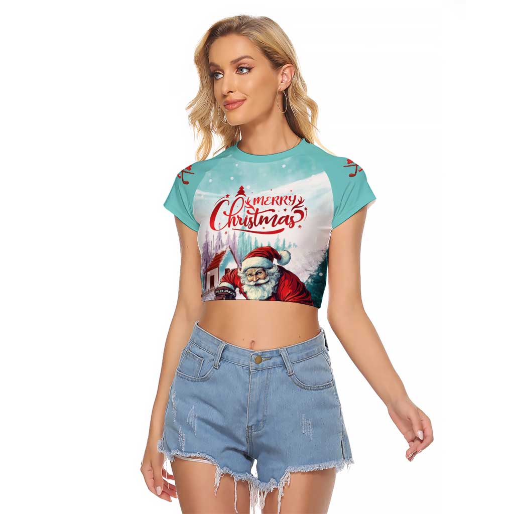 Personalized Canada Santa Playing Hockey Raglan Cropped T Shirt - Wonder Print Shop