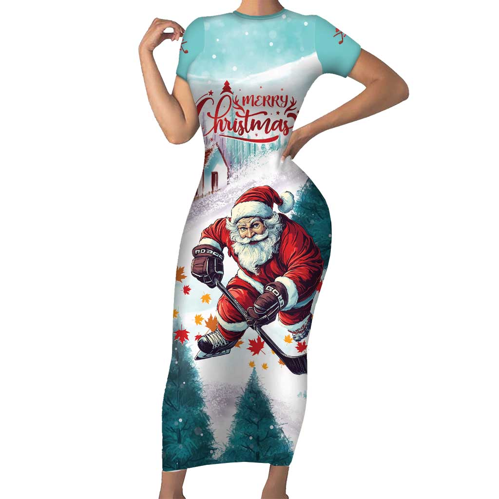 Personalized Canada Santa Playing Hockey Short Sleeve Bodycon Dress - Wonder Print Shop