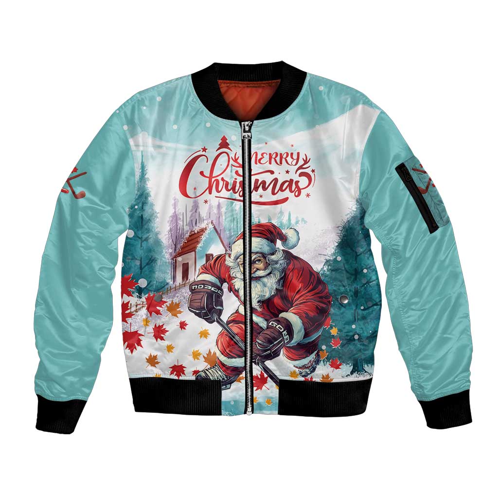 Personalized Canada Santa Playing Hockey Sleeve Zip Bomber Jacket - Wonder Print Shop