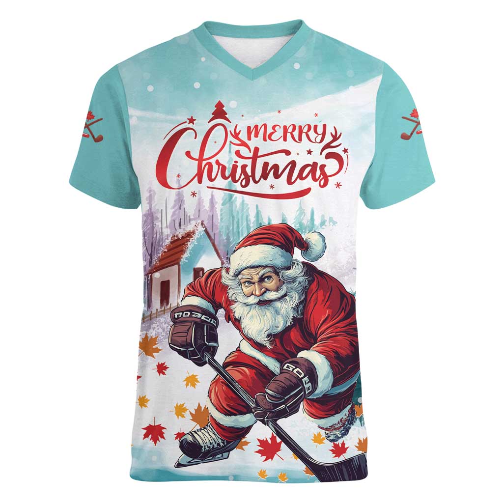 Personalized Canada Santa Playing Hockey Women V-Neck T-Shirt - Wonder Print Shop