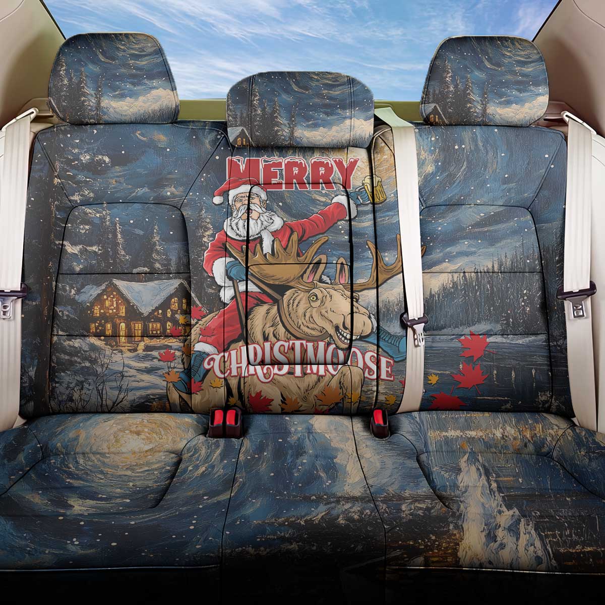Merry Christmoose Back Car Seat Cover Santa Claus Riding Moose Starry Night - Wonder Print Shop